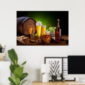 Biervat met een bierbril op een houten tafel poster (Thuiskantoor)
