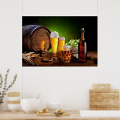 Biervat met een bierbril op een houten tafel poster (Keuken)