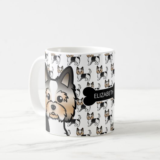 Biewer Terrier Cartoon Dogs met hond Bone & Name Koffiemok (Voorkant links)