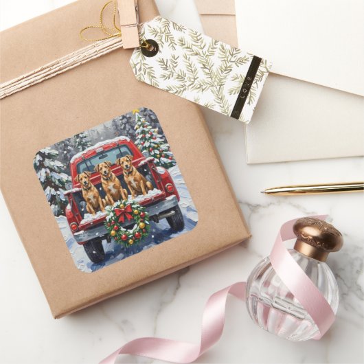 Biewer Terrier Christmas Red Truck Holiday Vierkante Sticker (Geschenken)