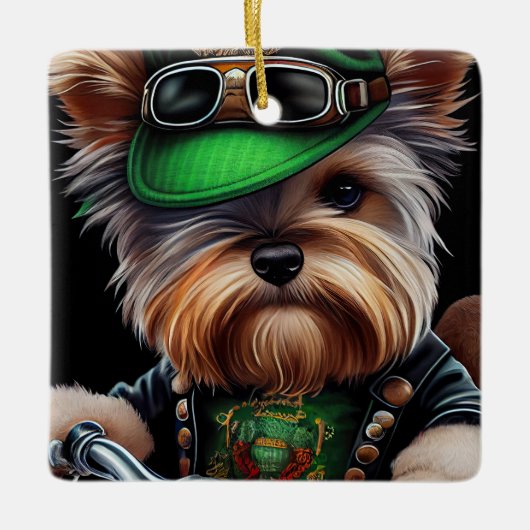 Biewer Terrier Dog Driving Bike Street Patrick's D Keramisch Ornament (Voorkant)