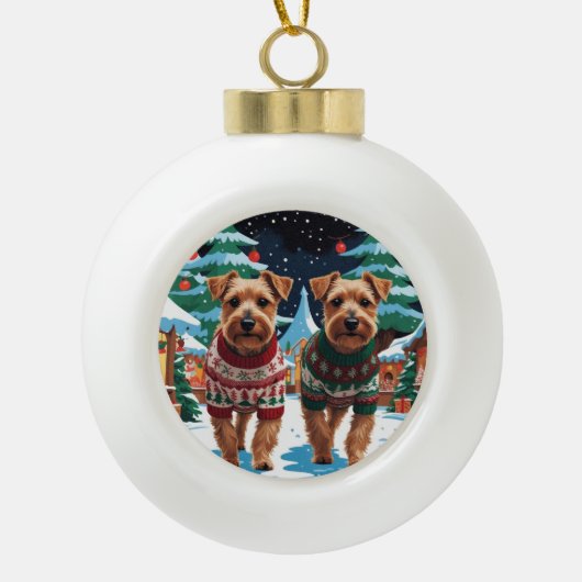 Biewer Terrier Dogs Christmas Snow Holiday Keramische Bal Ornament (Voorkant)
