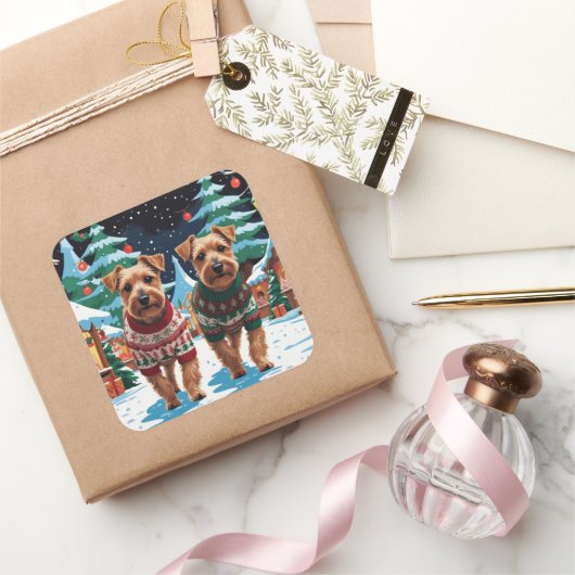 Biewer Terrier Dogs Christmas Snow Holiday Vierkante Sticker (Geschenken)