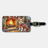 Biewer Terrier Fireplace with Christmas Lights Bagagelabel (Voorkant horizontaal)