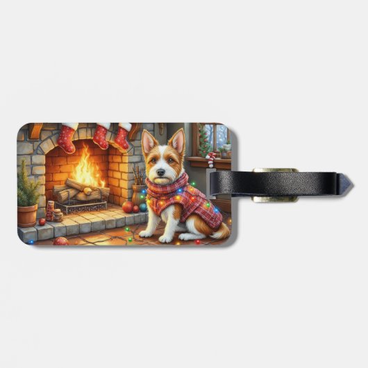 Biewer Terrier Fireplace with Christmas Lights Bagagelabel (Achterkant horizontaal)