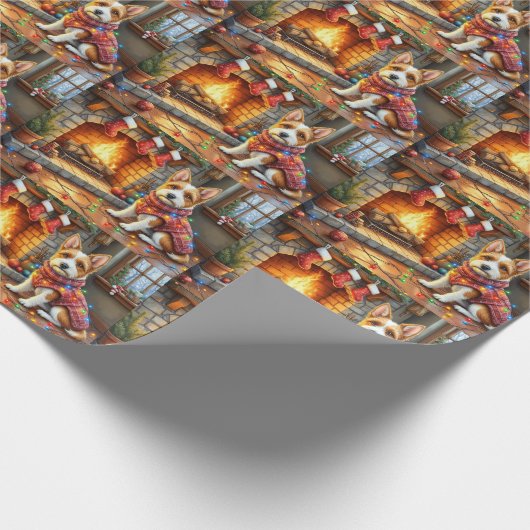 Biewer Terrier Fireplace with Christmas Lights Cadeaupapier (Hoek)