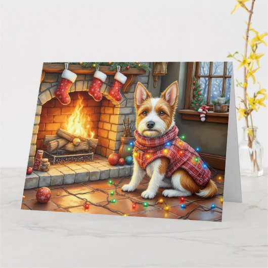 Biewer Terrier Fireplace with Christmas Lights Kaart (Gele Bloem)