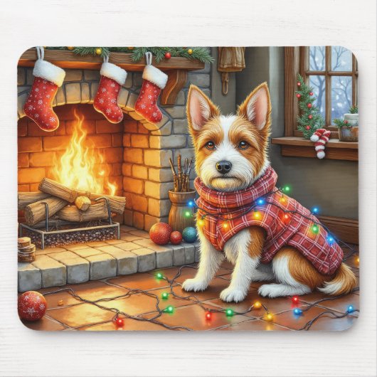 Biewer Terrier Haard met Kerstverlichting Muismat (Voorkant)