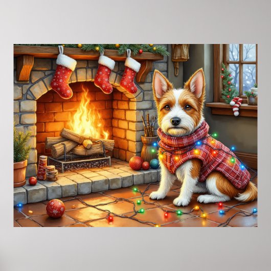 Biewer Terrier Haard met Kerstverlichting Poster (Voorkant)