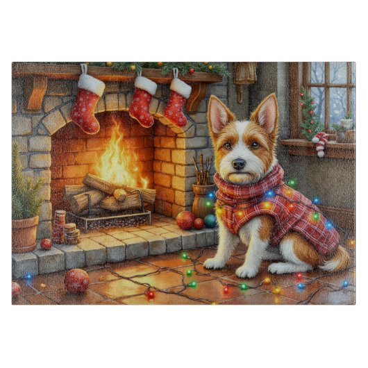 Biewer Terrier Haard met Kerstverlichting Snijplank (Voorkant)