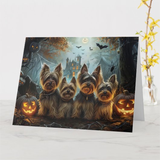 Biewer Terrier Halloween Nacht Doggy Delight Kaart (Gele Bloem)