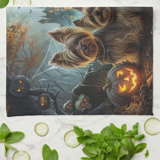 Biewer Terrier Halloween Nacht Doggy Delight Theedoek (Gevouwen)