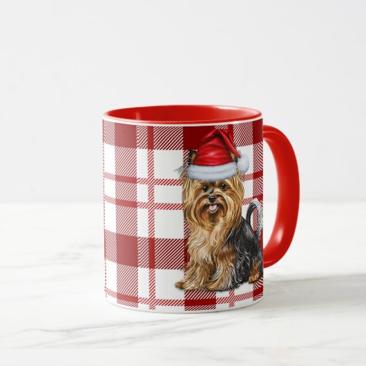 Biewer Terriër Hond en een Rode Vakantie Plaid Mok (Voorkant rechts)