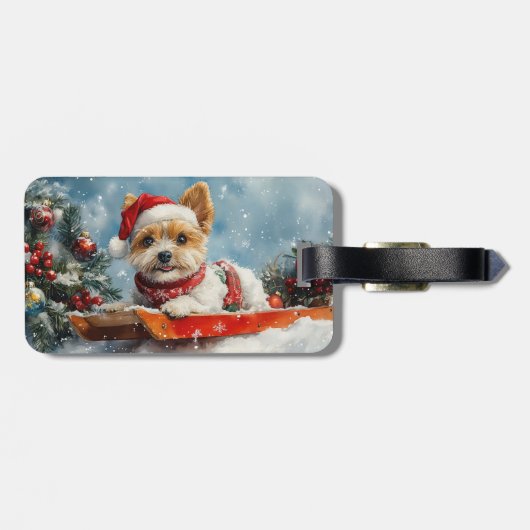 Biewer Terrier Hond in Sledge Laat het Sneeuw Kers Bagagelabel (Achterkant horizontaal)