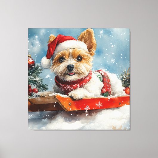 Biewer Terrier Hond in Sledge Laat het Sneeuw Kers Canvas Afdruk (Voorkant)