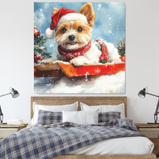 Biewer Terrier Hond in Sledge Laat het Sneeuw Kers Canvas Afdruk (Insitu (Slaapkamer))