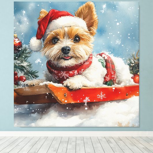 Biewer Terrier Hond in Sledge Laat het Sneeuw Kers Canvas Afdruk (Insitu (Houten vloer))