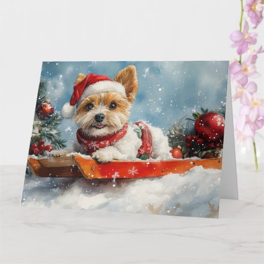 Biewer Terrier Hond in Sledge Laat het Sneeuw Kers Kaart (Orchidee)