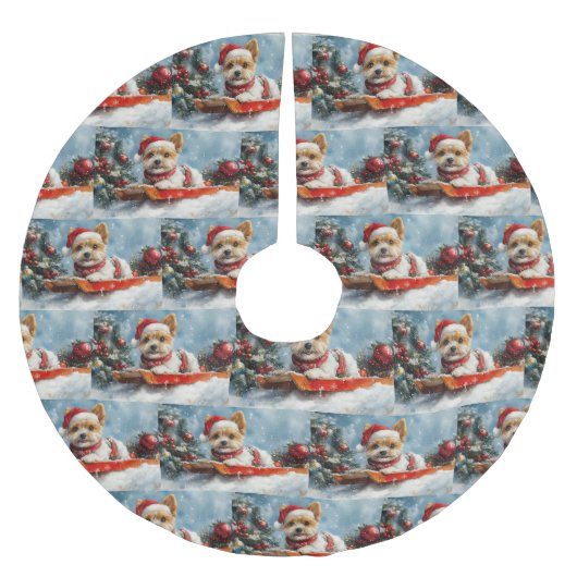 Biewer Terrier Hond in Sledge Laat het Sneeuw Kers Kerstboom Rok (Voorkant)