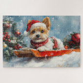 Biewer Terrier Hond in Sledge Laat het Sneeuw Kers Legpuzzel (Horizontaal)