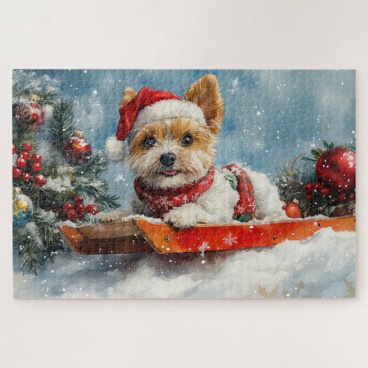 Biewer Terrier Hond in Sledge Laat het Sneeuw Kers Legpuzzel (Horizontaal)