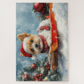 Biewer Terrier Hond in Sledge Laat het Sneeuw Kers Legpuzzel (Verticaal)