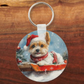 Biewer Terrier Hond in Sledge Laat het Sneeuw Kers Sleutelhanger (Voorkant)
