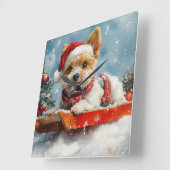 Biewer Terrier Hond in Sledge Laat het Sneeuw Kers Vierkante Klok (Hoek)