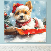 Biewer Terrier-hond in slee Laat het sneeuwen Kers Canvas Afdruk (Insitu (Houten vloer))