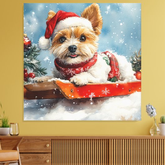 Biewer Terrier-hond in slee Laat het sneeuwen Kers Canvas Afdruk (Insitu (Woonkamer))