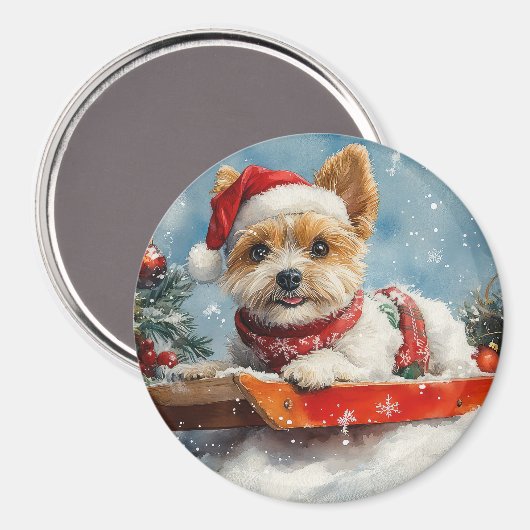 Biewer Terrier-hond in slee Laat het sneeuwen Kers Magneet (Voorkant / Achterkant)
