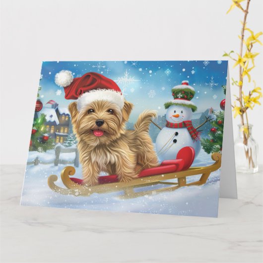Biewer Terrier Hond in Sleigh Sneeuw Kerstmis Kaart (Gele Bloem)