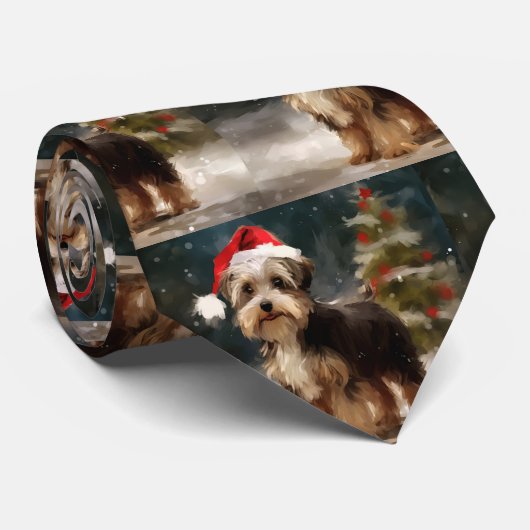 Biewer Terriër Hond in Sneeuw Kerstmis Stropdas (Opgerold)