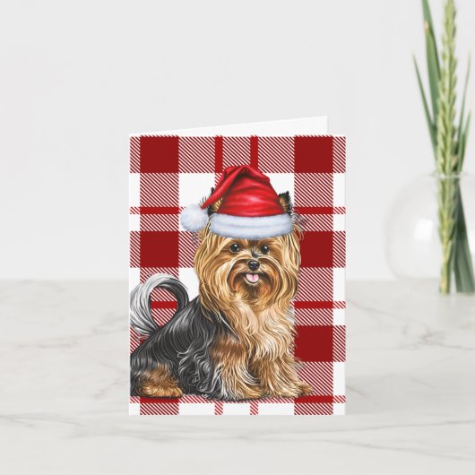 Biewer Terrier Hond Kerstvakantie Rood Plaid Feestdagen Kaart (Voorkant)