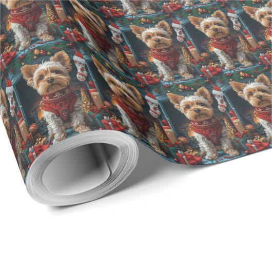 Biewer Terrier Hond met Kerstcadeaus Open haard Cadeaupapier (Rol Hoek)