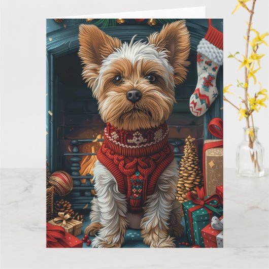 Biewer Terrier-hond met kerstcadeaus open haard Kaart (Gele Bloem)