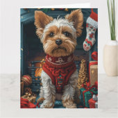 Biewer Terrier-hond met kerstcadeaus open haard Kaart (Voorkant)