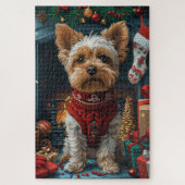 Biewer Terrier Hond met Kerstcadeaus Open haard Legpuzzel (Verticaal)