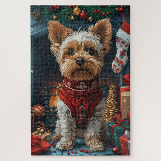 Biewer Terrier Hond met Kerstcadeaus Open haard Legpuzzel (Verticaal)