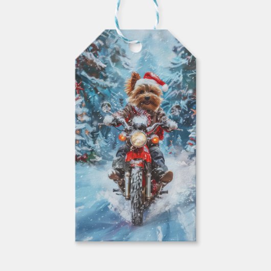 Biewer Terrier Hond Rijden Motorfiets Kerstmis Cadeaulabel (Voorkant)