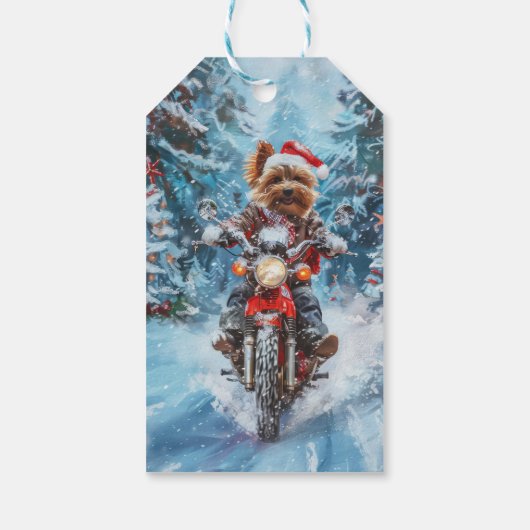 Biewer Terrier Hond Rijden Motorfiets Kerstmis Cadeaulabel (Achterkant)