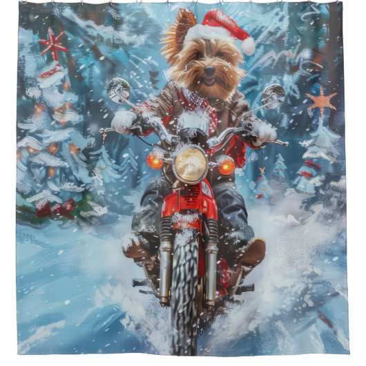 Biewer Terrier Hond Rijden Motorfiets Kerstmis Douchegordijn (Voorkant)