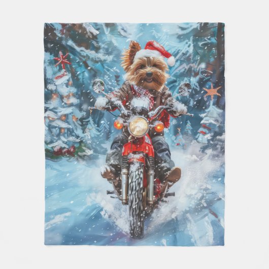Biewer Terrier Hond Rijden Motorfiets Kerstmis Fleece Deken (Voorkant)