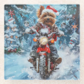 Biewer Terrier Hond Rijden Motorfiets Kerstmis Glazen Onderzetter (Voorkant)