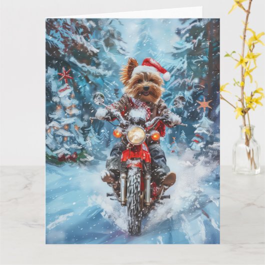 Biewer Terrier Hond Rijden Motorfiets Kerstmis Kaart (Gele Bloem)