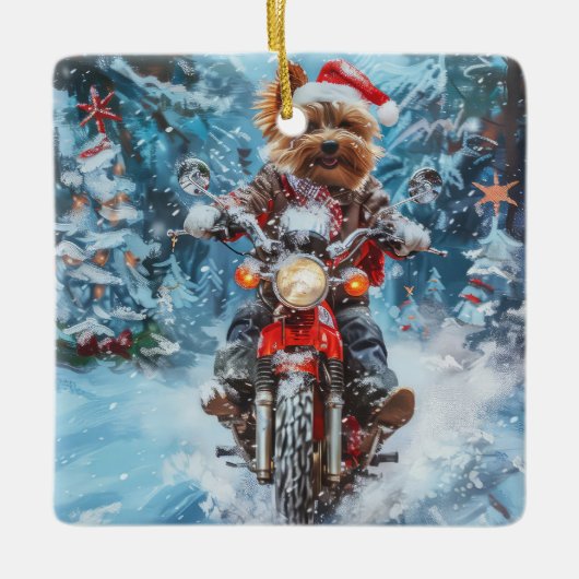 Biewer Terrier Hond Rijden Motorfiets Kerstmis Keramisch Ornament (Voorkant)