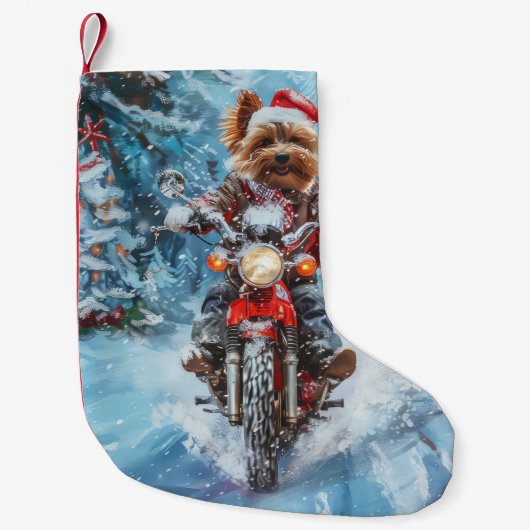 Biewer Terrier Hond Rijden Motorfiets Kerstmis Kleine Kerstsok (Voorkant)