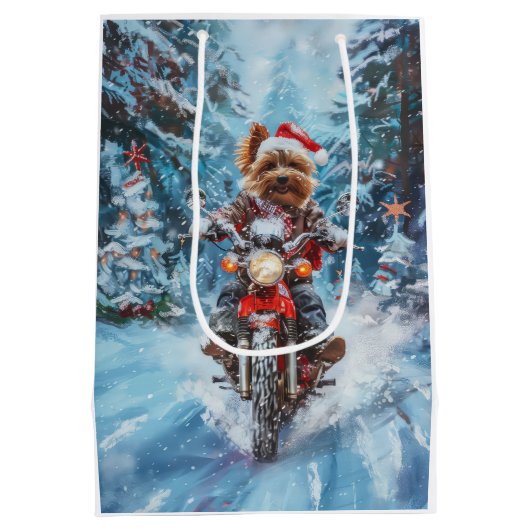 Biewer Terrier Hond Rijden Motorfiets Kerstmis Medium Cadeauzakje (Achterkant)