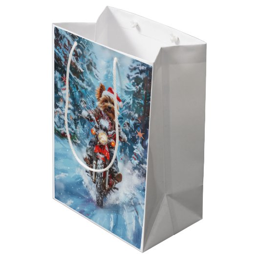 Biewer Terrier Hond Rijden Motorfiets Kerstmis Medium Cadeauzakje (Achterkant Gekanteld)