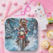 Biewer Terrier Hond Rijden Motorfiets Kerstmis Papieren Bordje (Feest)